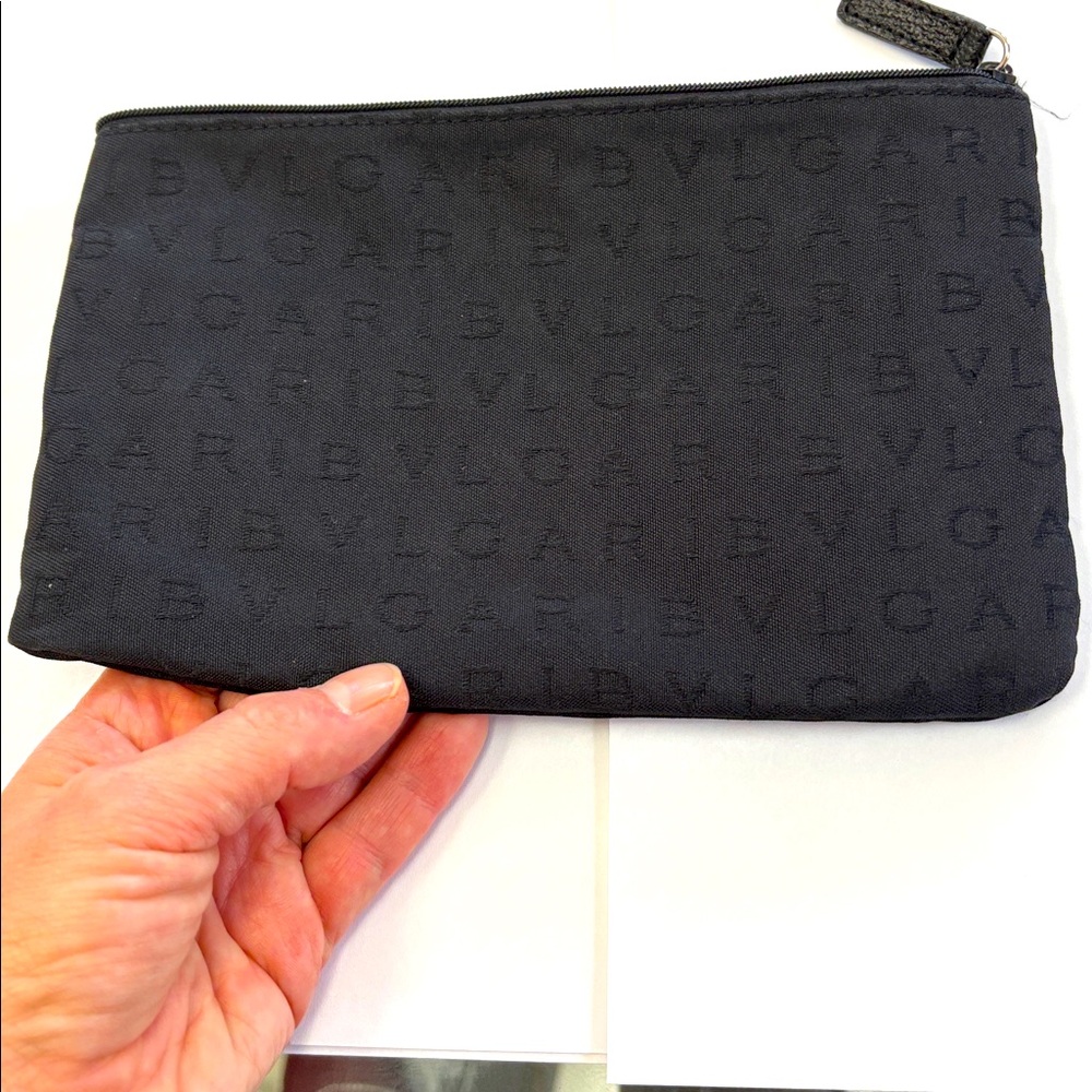 Bvlgari logo mania black canvas cosmetic bag.